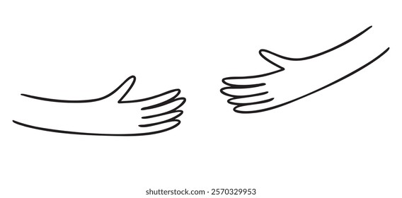 Human hands holding, hands embracing something doodle hand drawn icon. Outline drawing human hands holding line clipart symbol. Vector illustration