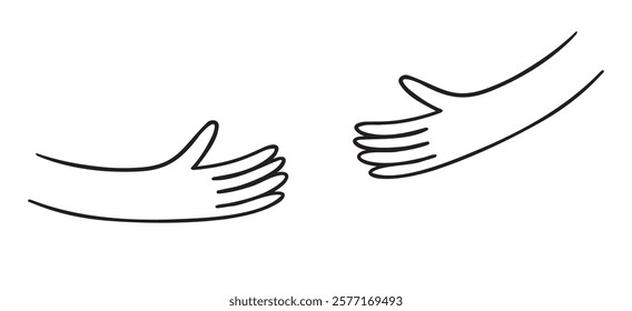 Human hands holding, hands embracing something doodle hand drawn icon. Outline drawing human hands holding line clipart symbol. Vector illustration