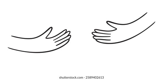 Human hands holding, hands embracing something doodle hand drawn icon. Outline drawing human hands holding line clipart symbol. Vector illustration