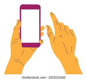 Human hands holding empty smartphone. Template of mobile device with blank phone touchscreen. Concept design element for showcase. Vector illustration in flat style isolated on white background.