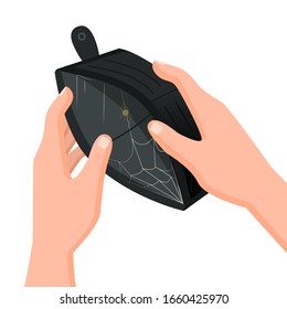 Human hands holding empty wallet with web inside isolated on white background. Broke person showing purse without money and currency bankruptcy concept vector graphic illustration