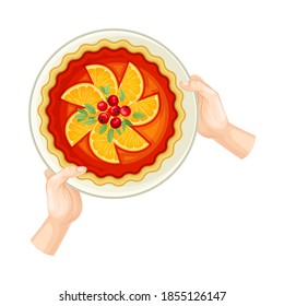 Human Hands Holding Festive Fruit Pie with Orange Slices on Plate Above View Vector Illustration