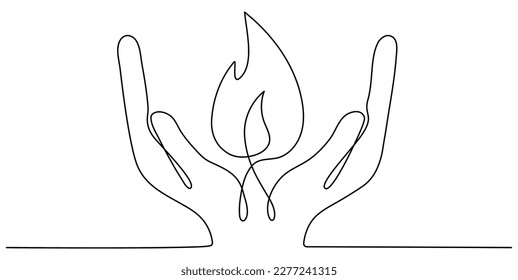 Human hands holding fire flame continuous line drawing art  Vector illustration isolated white 