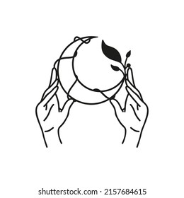 Human hands holding floral moon, outline boho vector illustration