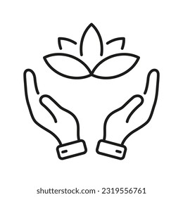 Human Hands Holding Flower Line Icon. Yoga and SPA Outline Symbol. Lotus and Hands, Meditation Linear Pictogram. Beauty Medical Clinic Simple Sign. Editable Stroke. Isolated Vector Illustration.