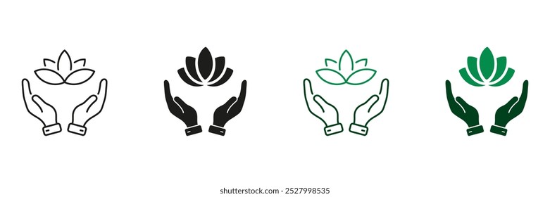 Human Hands Holding Flower Line and Silhouette Icon Set. Yoga and SPA Symbol. Lotus and Hands, Meditation Pictogram. Beauty Medical Clinic Sign. Editable Stroke. Isolated Vector Illustration.