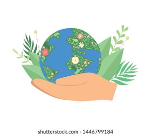 Human Hands Holding Flowering Earth Globe, Save the Planet, Environmental Protection, Ecology Concept Vector Illustration