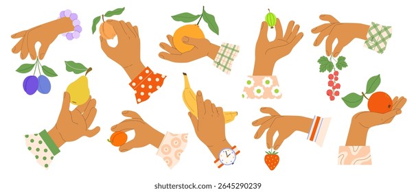 Human hands holding fruits: strawberry, apple, currant, plum, apricot, peach, pear, orange, grapefruit, gooseberry, banana. Cute vector illustration of human palm gestures harvesting in garden, farm.