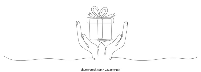 Human hands holding gift box continuous line art drawing. One line surprise. Birthday symbol. Vector isolated on white.