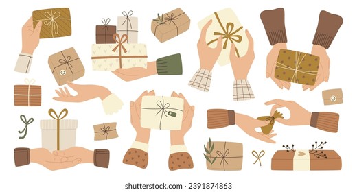 Human hands holding gift boxes with ribbon and bow giving, exchanging, receiving surprise holiday present pack isolated set. Giveaway, secret offer, bonus or prize greeting package vector illustration