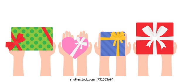 human hands holding gift boxes on white background top view