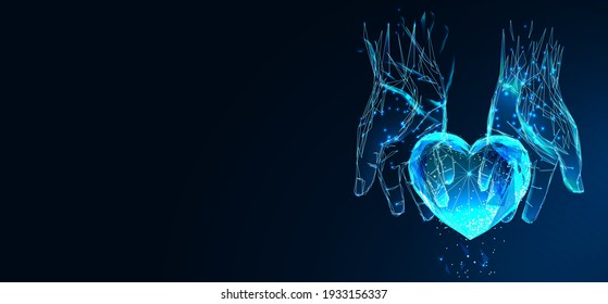 Human hands holding or giving heart in dark blue. Charity, volunteering, social care concept. Low poly mesh wireframe vector