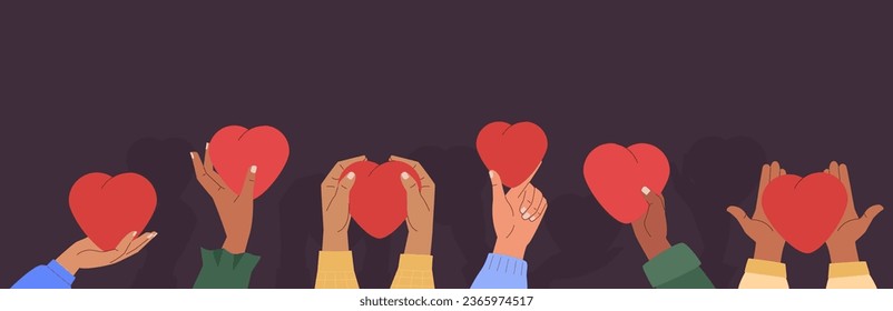 Manos humanas sosteniendo y dando corazones rojos. Concepto de compartir el amor con la gente. Banner de símbolos de amor. Ilustración vectorial en diseño plano