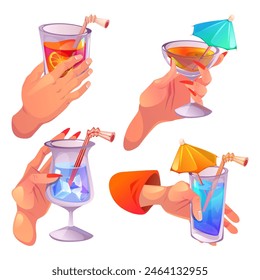 Human hands holding glass with alcohol cocktail drink. Cartoon vector illustration set of male and female arm with party and celebration bar beverage with fruits, ice cubes, plastic tubes and umbrella