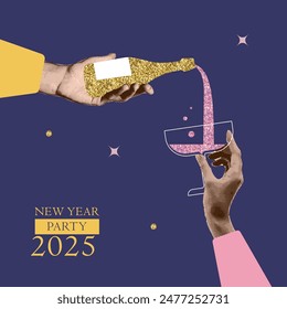 Human hands holding glass and bottle of champagne. Hand pouring wine glass with glittering beverage. New Year or Christmas party. Modern halftone collage style vector illustration.