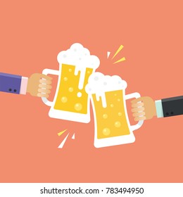 Human hands holding glass mugs with beer  Vector, illustration, flat