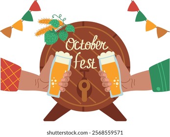 Human hands holding glasses with beer and clinking them, against the background of a wooden barrel with hops and malt. Vector illustration for a festive, traditional German festival, postcards