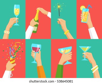 Human hands holding glasses of champagne and other drinks, holding exploding cracker and Bengal fire. Holiday and celebration concept. Can be used for ad, web design, background, card.