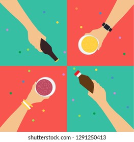 Human hands holding glasses of other drinks. Holiday and celebration concept,vector illustration