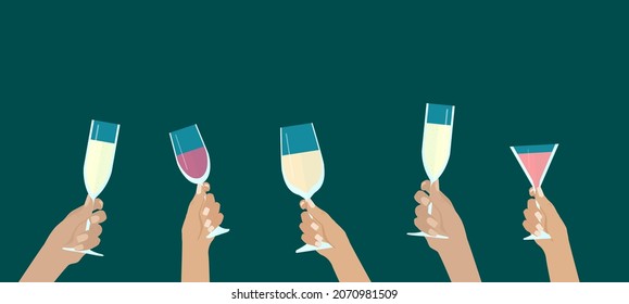 Human hands holding glasses. Wine, champagne, cocktails. Festive postcard. Flat cartoon style