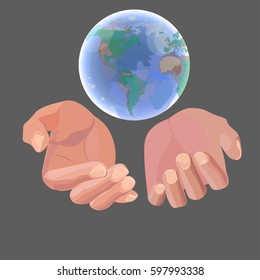 Human hands holding globe