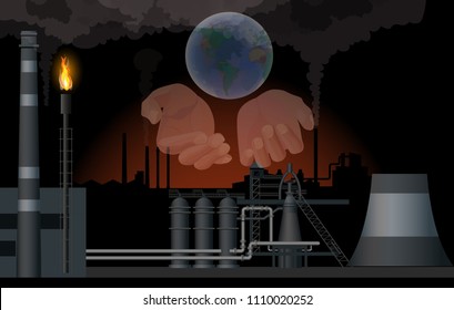 Human hands holding globe against the backdrop of an industrial landscape. Vector illustration