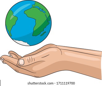 Las manos humanas sostienen un globo. Tierra en la palma del hombre. ... Icono de viaje. Poder sobre el concepto del mundo.Día de la Tierra. Ilustración vectorial en fondo blanco.