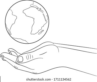 Human hands are holding a globe. Earth in the palm of man. . Travel icon. Power over the concept of the world. Earth Day. Vector illustration on a white background.