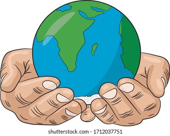 Human hands are holding a globe. Earth in the palm of man. . Travel icon. Power over the concept of the world. Earth Day. Vector illustration on a white background.