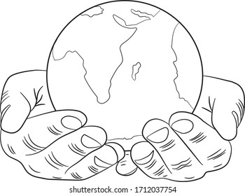 Human hands are holding a globe. Earth in the palm of man. . Travel icon. Power over the concept of the world. Earth Day. Vector illustration on a white background.