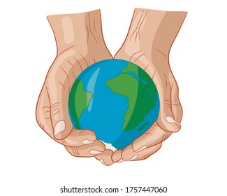 Human hands are holding a globe. Earth in the palm of man. . Travel icon. Power over the concept of the world. Earth Day. Vector illustration on a white background.