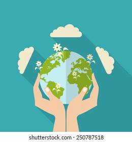 Human Hands Holding Globe With Flowers On It Environmental Care And Social Responsibility Flat Poster Vector Illustration