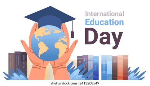 human hands holding globe with graduation cap near books new idea innovation international education day concept