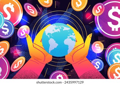 human hands holding globe near dollar coins global payment financial banking wealth transformation technology fintech business investment