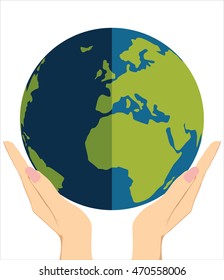 Human hands holding globe  on it environmental care and social responsibility flat poster vector illustration