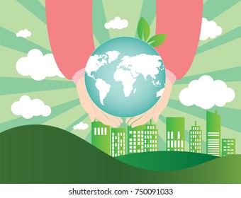 human hands holding globe on city and world map of clouds background