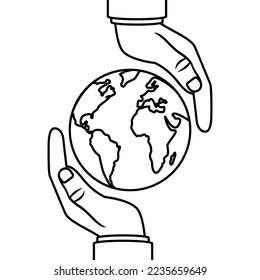 Manos humanas sujetando el globo. Icono de esquema. Planeta en manos, hombre. Diseño de la línea negra de la ilustración del vector. Concepto de protección.