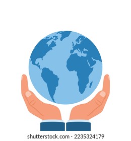 Human hands holding globe. Planet in hands man. Vector illustration flat design. Protection concept.
