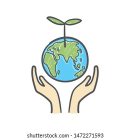 Human hands holding globe with plant on it environmental care and social responsibility doodle. Earth icon hand-drawn on white background.