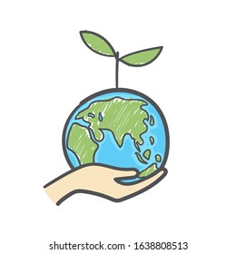 Human Hands Holding Globe With Plant On It Environmental Care And Social Responsibility Doodle. Earth Icon Hand-drawn On White Background.