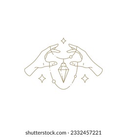 Human hands holding glow adorable jewelry necklace premium monochrome golden line icon vector illustration. Arms with bright gem elegant attire brilliant carat diamond gemstone lace design