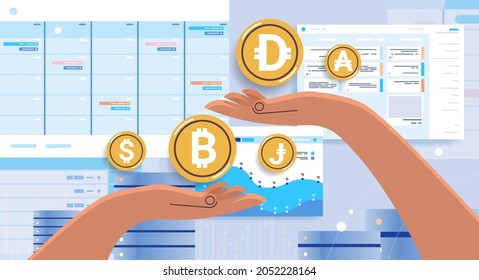 human hands holding golden coins cryptocurrency concept