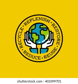 Human hands holding green Earth. Abstract flat line vector illustration for recycle, reduce, reuse concept