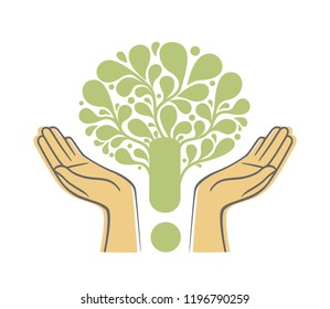 Human hands holding green tree symbol. Concept hand draw illustration for environment care or help project