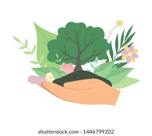 Human Hands Holding Green Tree, Environmental Protection, Ecology Vector Illustration