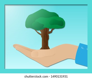 Human hands holding green tree . Concept illustration for nature and environment care or help project. EPS10 vector image