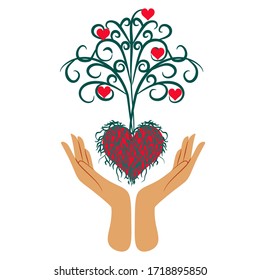 Human hands holding green tree symbol with nature texture. Concept illustration for environment care or help project. vector.