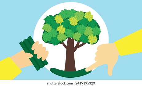 Manos humanas sosteniendo un árbol verde. Ilustración vectorial en estilo plano.