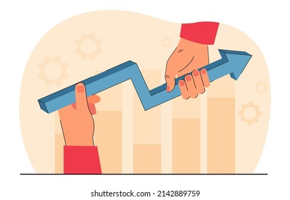 Menschliche Hände, die einen wachsenden Pfeil der Börsenkurve halten. Person, die das Wachstum von Statistiken flach Vektorgrafik vorhersagt. Konzept des Personalberatungsdienstes für Banner, Website-Design oder Landing-Website