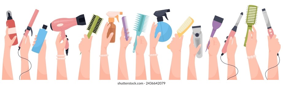 Manos humanas sosteniendo equipo de peluquería, aparato de peluquería, herramientas de peluquería y salón de belleza. Ilustración vectorial de cosméticos y suministros profesionales para el cuidado del cabello. Juego de brazos de peluquero y peluquero